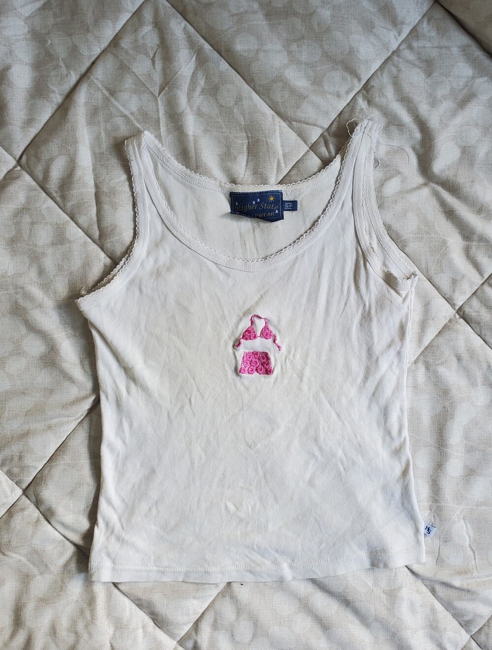 White Womens Tank Top  with Pink Embroidery Size S/P
